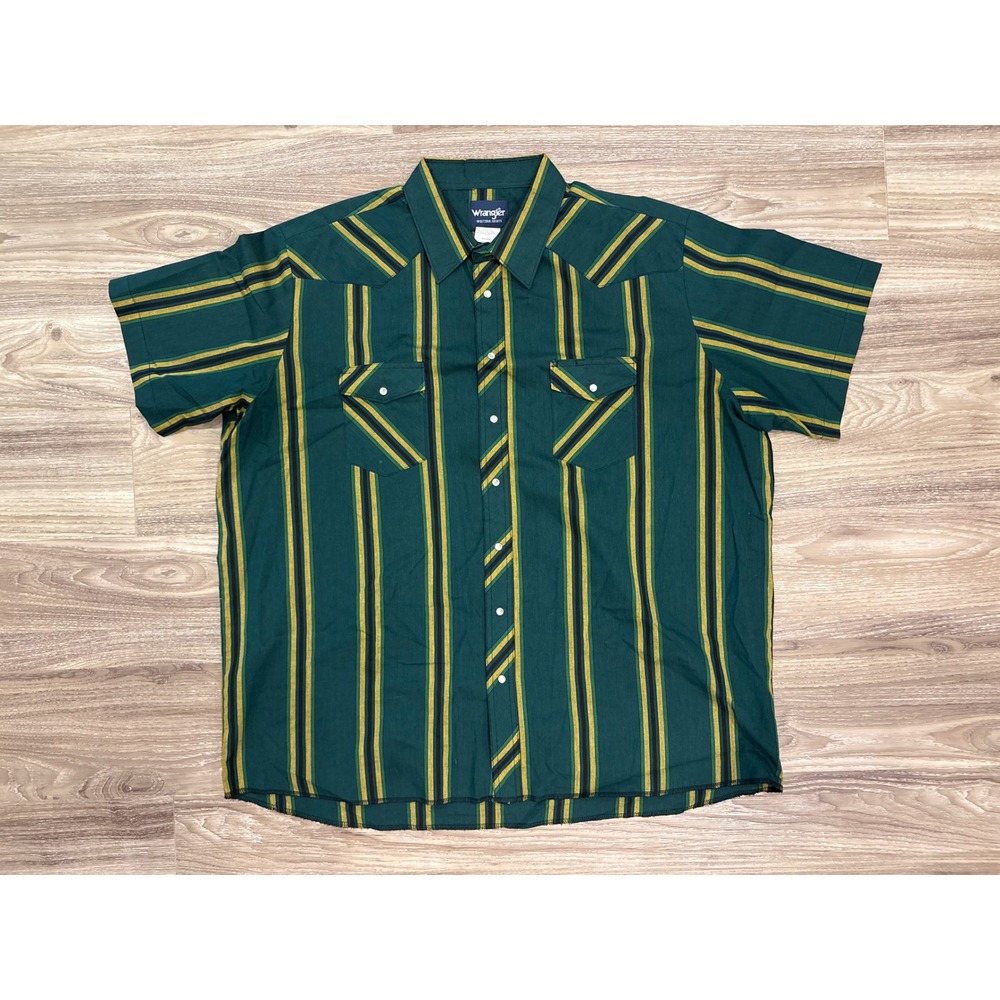 Wrangler Western Shirt Mens 3XT Green Yellow Striped Short Sleeve Pearl Snap
